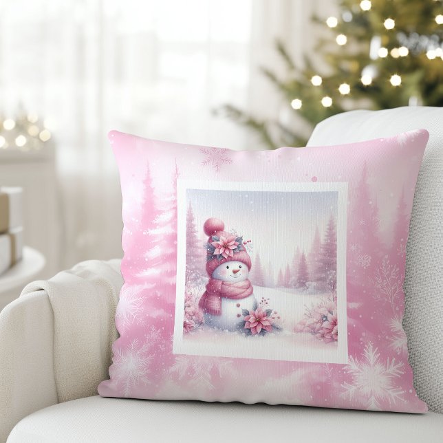 Doux bonhomme de neige rose Coussin Scène de Noël  (Sweet Pink Snowman Pillow Cute Christmas Scene)