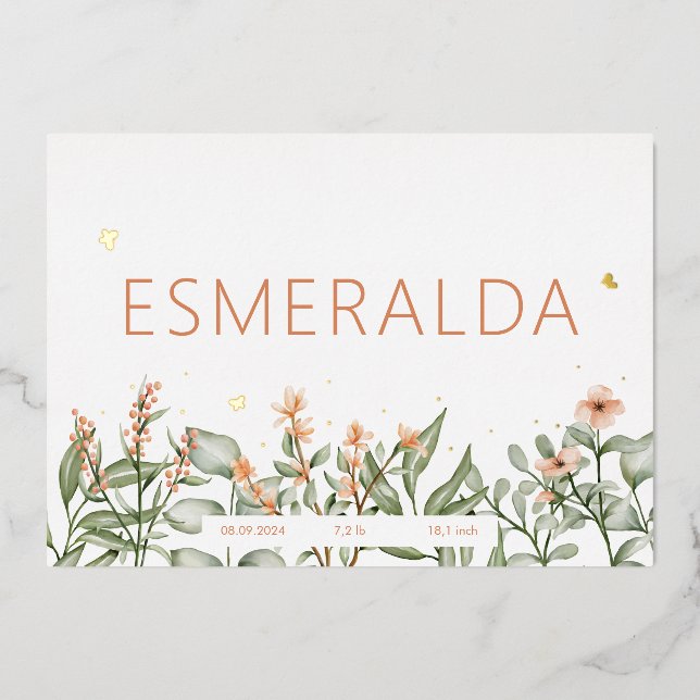 Doux faire-part de naissance à huile à fleur pêche (Recto)