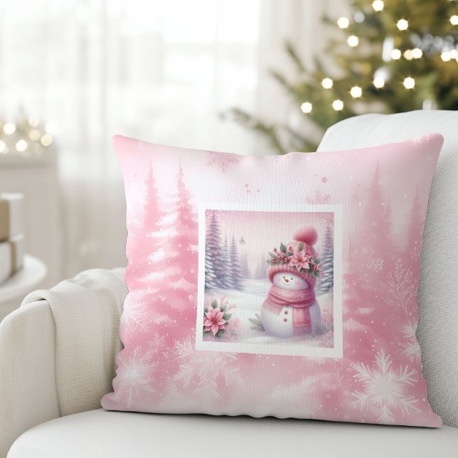 Doux Père Noël Rose Scène d'Hiver Oreiller Cadeau  (Sweet Pink Snowman Winter Scene Pillow Kids Gift)