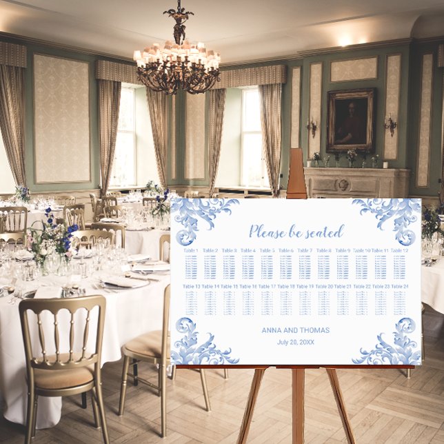 Doux Royal Blue Aquarelle Flourdissant tableau de  (Soft royal blue flourish seating chart.)