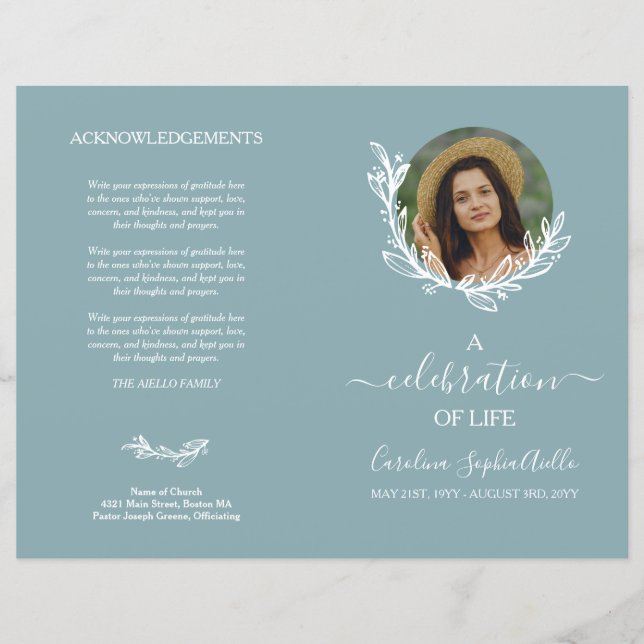 Dove Blue Wreath Photo Celebration of Life Program (Devant)