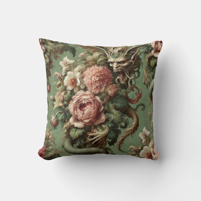Drac’s Finery - Dragon gothique Coussin floral (Recto)