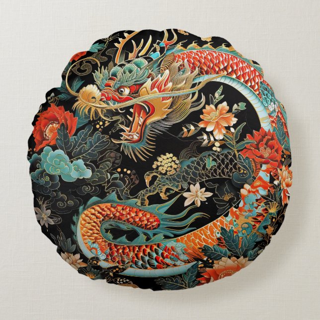 Dragon asiatique et Fleurs Coussin rond (Devant)