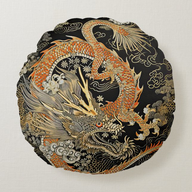 Dragon asiatique et nuages Coussin rond (Devant)