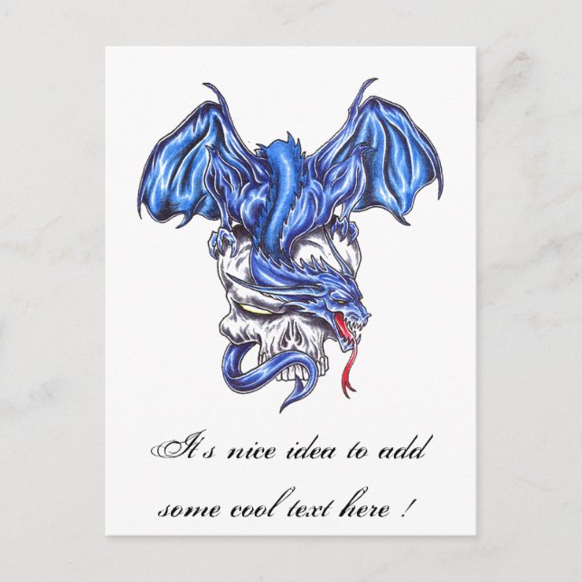Dragon bleu cool sur carte postale tatouage crâne (Devant)