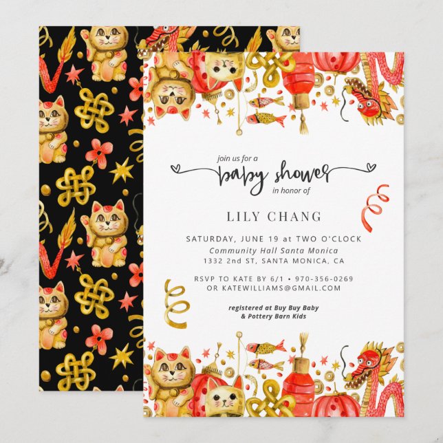 Dragon & Chat Chanceux | Invitation à une Baby Sho (Devant / Derrière)