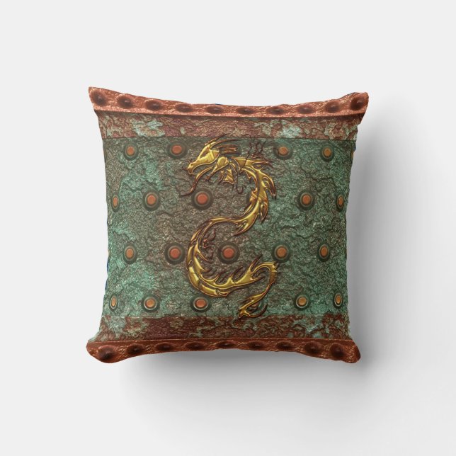 Dragon d'or asiatique sur un Coussin à look métall (Recto)