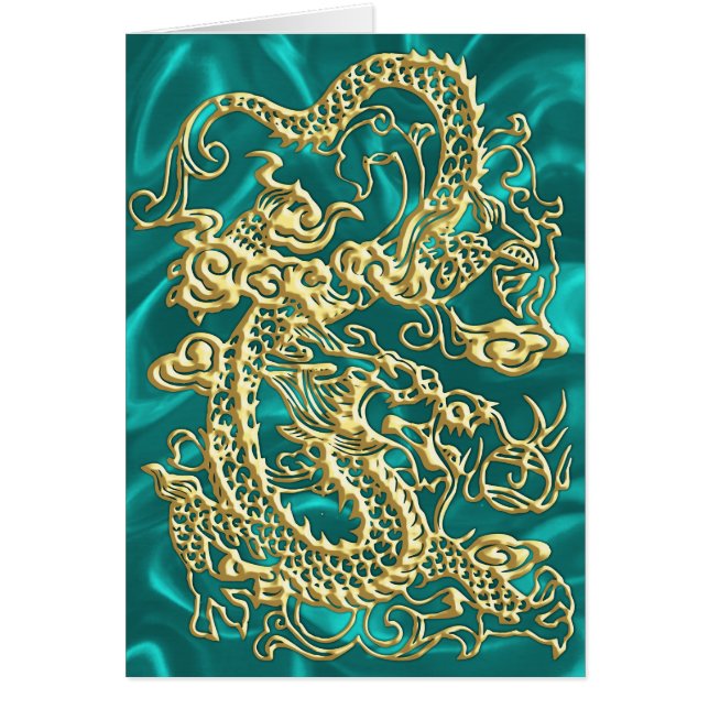 Dragon d'or incorporé sur impression en satin Turq (Devant)