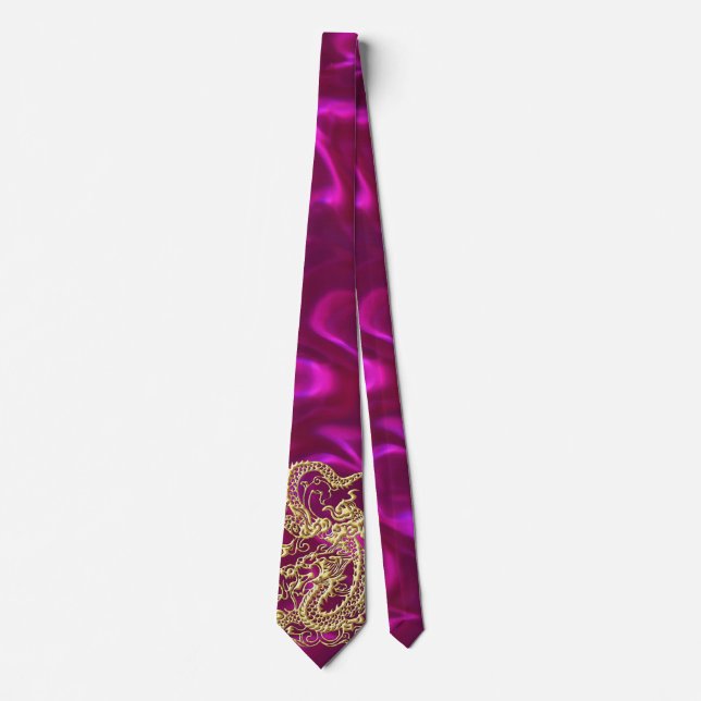 Dragon d'or Magenta Satin Cravate luxuriante (Devant)