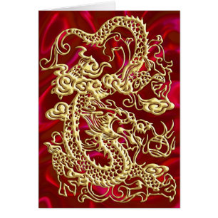 Dragon doré en relief sur soie rouge imprimée