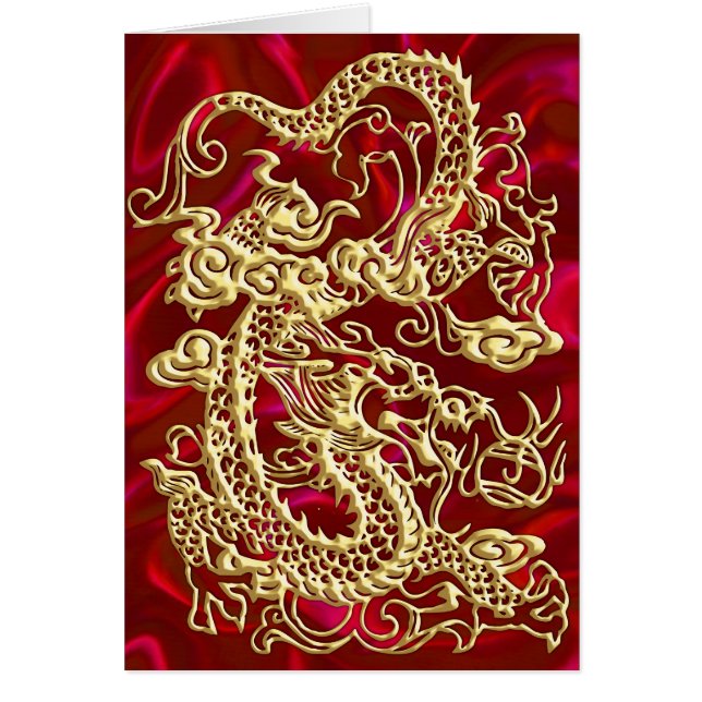 Dragon doré en relief sur soie rouge imprimée (Devant)