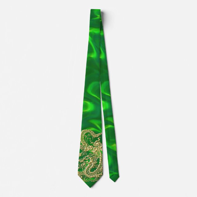 Dragon Doré Satin Vert Luxuriant Cravate (Devant)