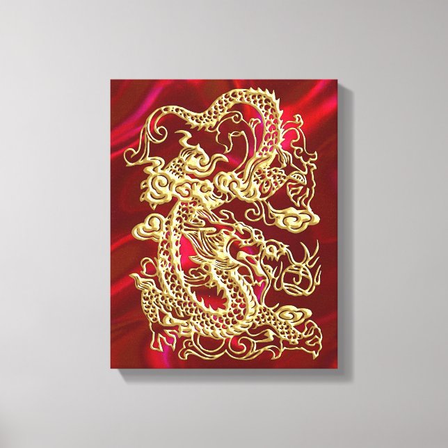 Dragon en or embouti sur impression de satin rouge (Recto)