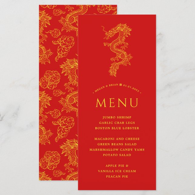 Dragon et Phoenix | Menu de thème rouge uni (Devant / Derrière)