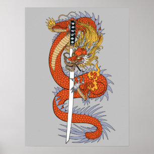 Dragon japonais avec affiche d'épée katana