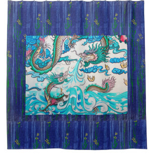 DRAGON JAPONAIS SUR RIDEAU BLEU DOUCHE