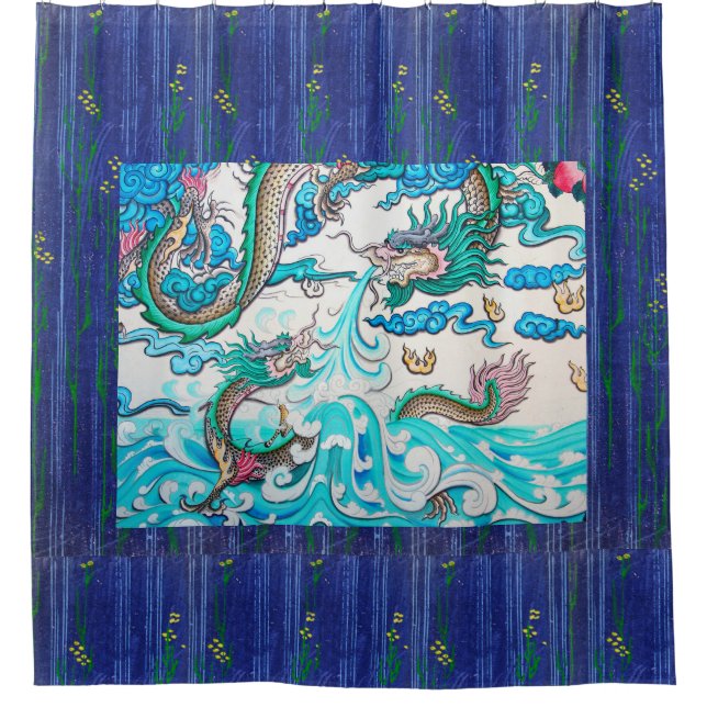 DRAGON JAPONAIS SUR RIDEAU BLEU DOUCHE (Devant)