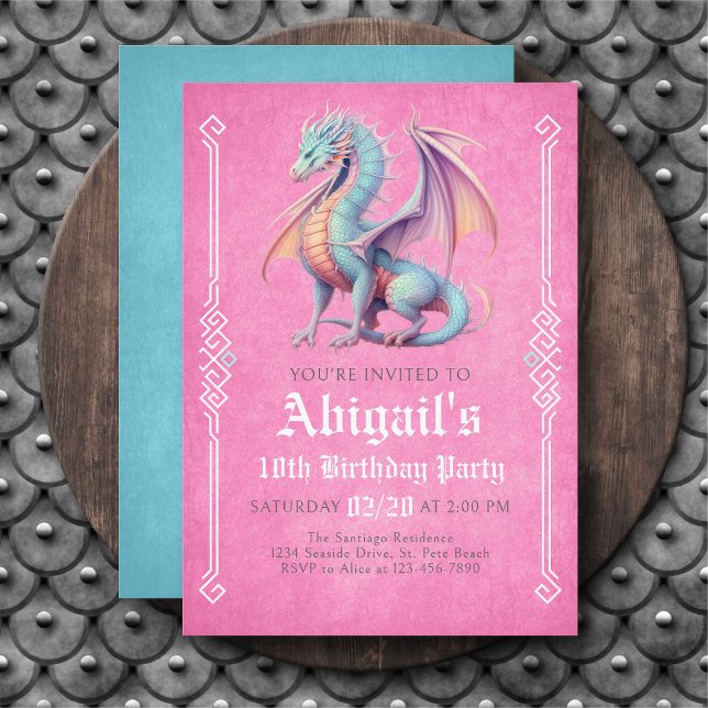 Dragon Pink Aqua Girls Birthday Invitation (Créateur téléchargé)