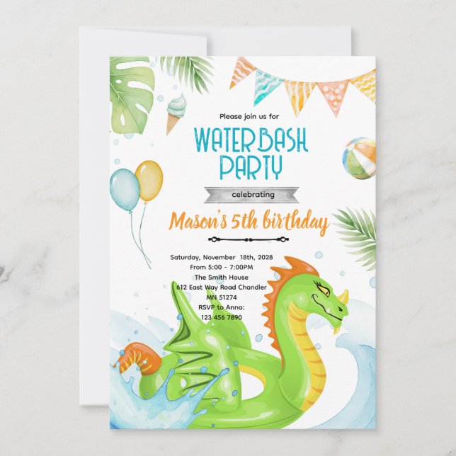 Dragon pool party theme invitation (Devant)