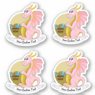 Dragon rose de dessin animé avec sticker de trésor