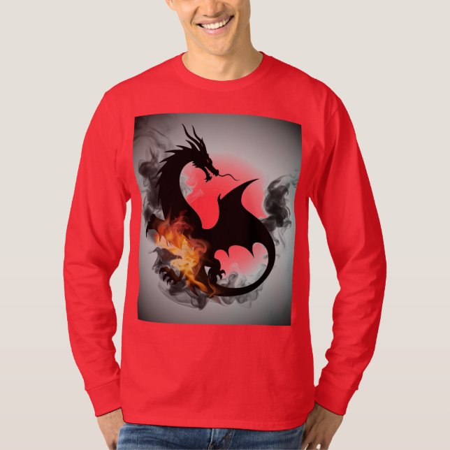 Dragon Smoke Silhouette Rouge T-shirt à manches lo (Devant)
