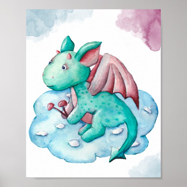 Dragon Turquoise mignon sur une affiche en nuage (Devant)