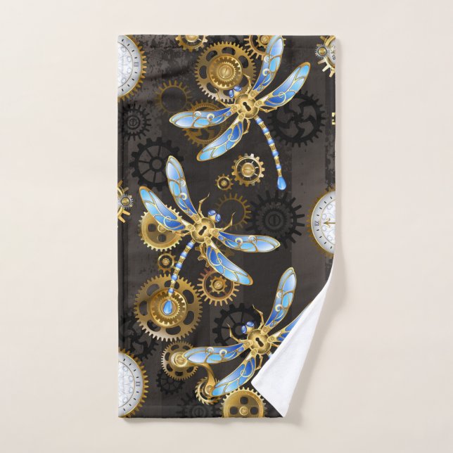 Dragonflies de Steampunk sur arrière - plan rayé b (Serviette à main)