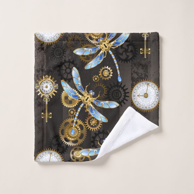 Dragonflies de Steampunk sur arrière - plan rayé b (Gant de toilette)