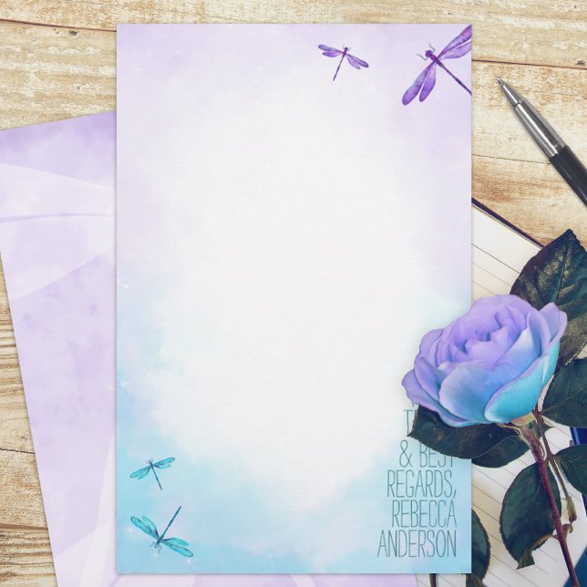 Dragonflies violettes, turquoise (purple turquoise dragonflies dragonfly budget personalized letter writing stationary paper sheets)