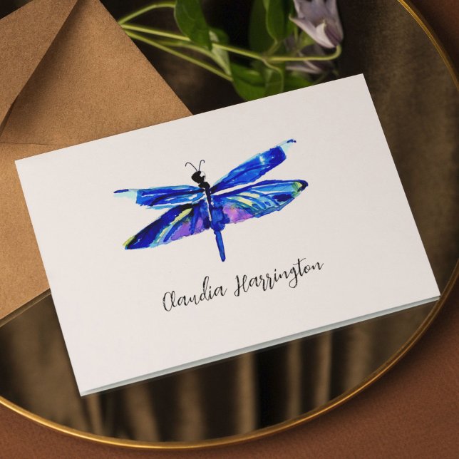 Dragonfly bleu minimaliste Élégante Nature inspiré (Your personalization goes beneath the dragonfly in chic script typography.)