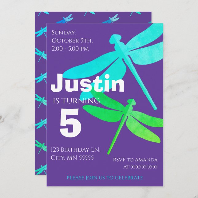 Dragonfly Purple Boy 5e Anniversaire Invitation (Devant / Derrière)