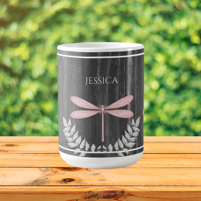 Dragonfly rose Russe Personnalisé café Mug (Pink Dragonfly Rustic Personalized Coffee Mug)