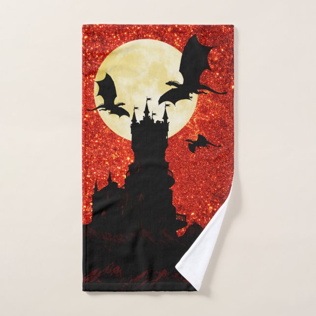Dragons volants, château de falaises, pleine lune, (Serviette à main)