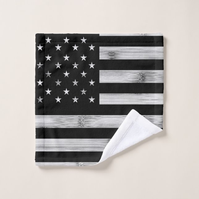 Drapeau américain Bois rustique Noir Blanc Patriot (Gant de toilette)