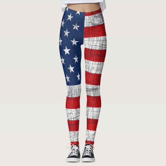 Drapeau américain déchiré 4 juillet Leggings (Devant)
