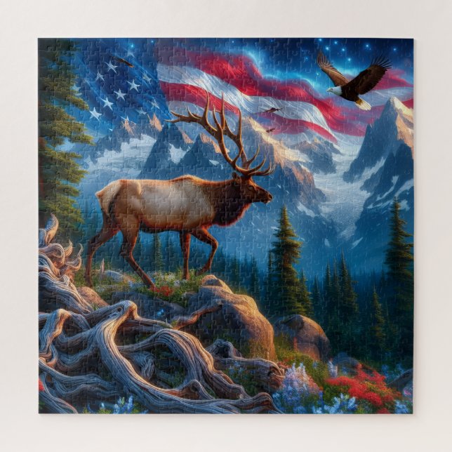 Drapeau Américain et Puzzle de Cerf (Vertical)