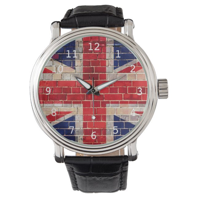 Drapeau britannique sur une montre murale en briqu (devant)