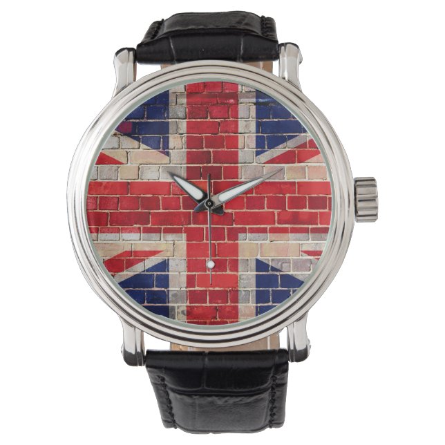 Drapeau britannique sur une montre murale en briqu (devant)