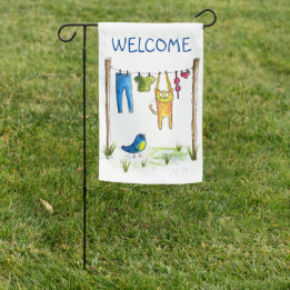 Drapeau De Jardin Chat Whimsical sur une ligne de linge