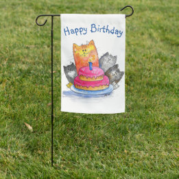 Drapeau De Jardin Chats Whimsical avec gâteau d'anniversaire