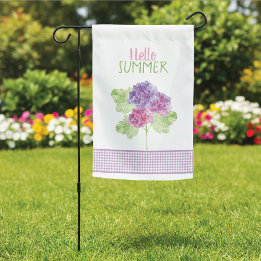 Drapeau De Jardin Hello Summer Hydrangeas En vichy