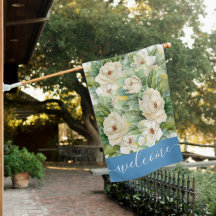 Élégant Magnolia Floral Blue Welcome Script