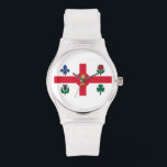 Drapeau de Montréal, Québec Montre<br><div class="desc">Regardez avec le drapeau de Montréal,  la ville la plus peuplée de la province de Québec,  Canada. Drapeau blanc avec croix rouge,  pin blanc,  fleur de lys bleu,  rose rouge de Lancaster,  shamrock et chardon</div>