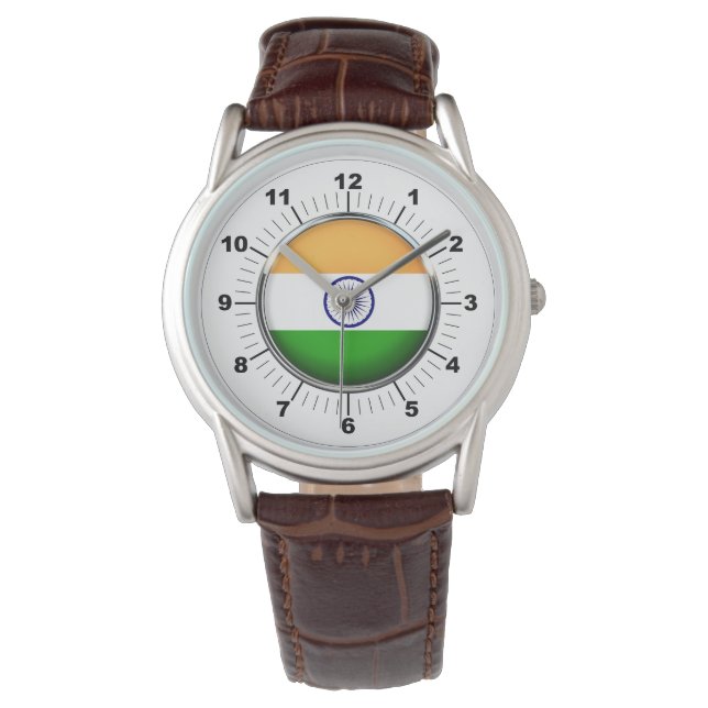Drapeau indien classique Montre en cuir Brown (devant)