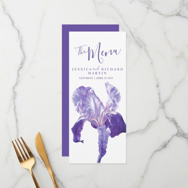 Drapeau iris fleurs violettes menu mariage (Devant/Arrière en situation)