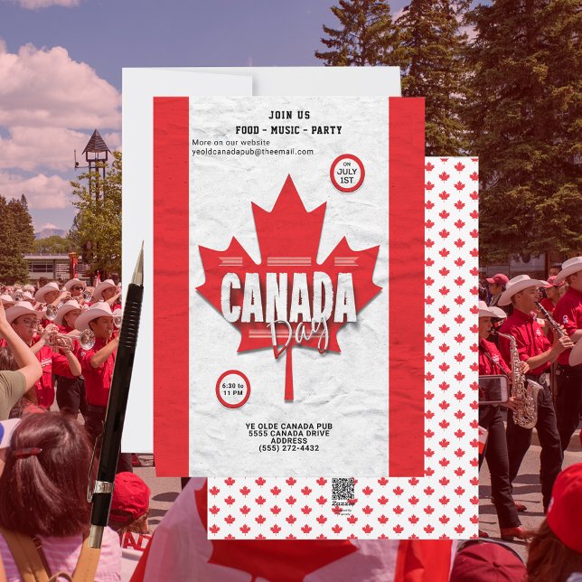 Drapeau rouge Feuille d'érable Invitation à la fêt (Join us for food music and party on the Canada Day celebration with this holiday invitation.)