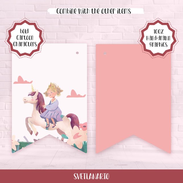 Drapeaux de fanions de licorne chevauchée par une  (Pair view)