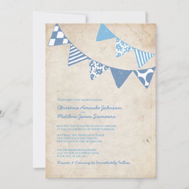 Drapeaux de mariage bleu et ivoire Invitations (Devant)