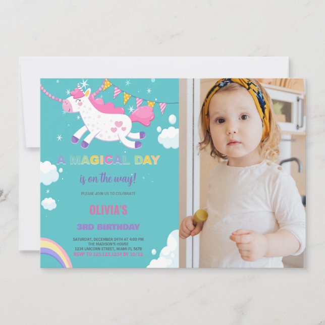 Drapeaux jaunes Unicorn Anniversaire Invitations a (Devant)