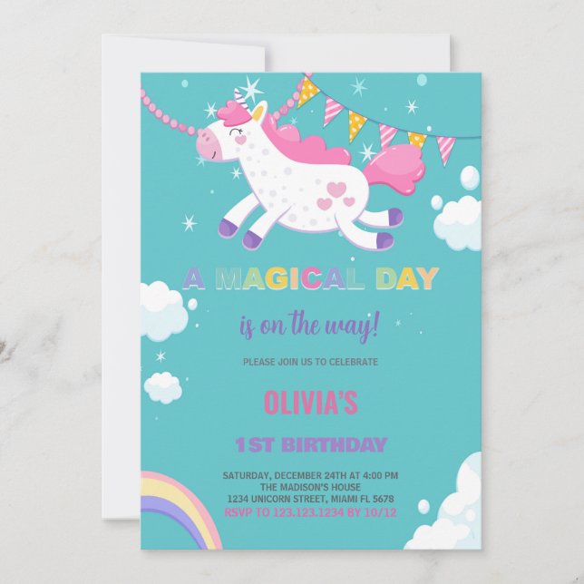 Drapeaux jaunes Unicorn Invitations d'anniversaire (Devant)